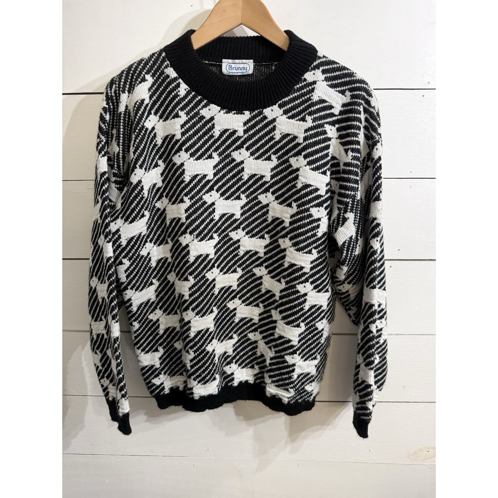 Vintage Brunny Dog Knit Sweater Size Large AOP Schnauzer Dog Black White‎